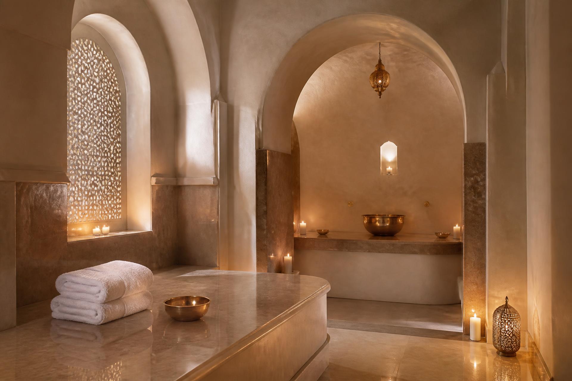 Interior de hammam marroquí con arcos, velas y bandejas de latón