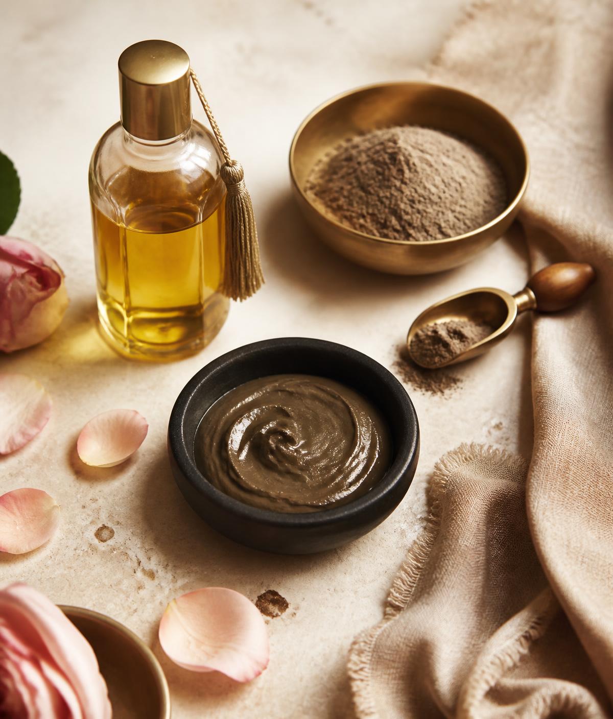Aceite de argán, ghassoul y pétalos de rosa sobre lino